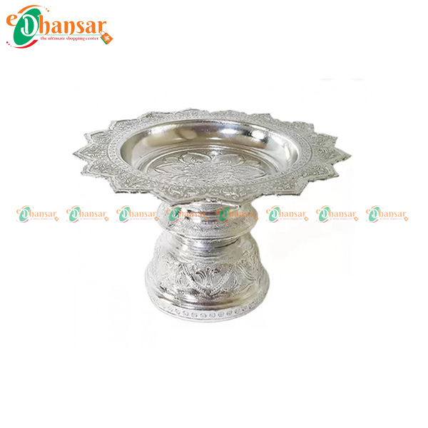 Sliver Coated Aluminium Traditional Style Tray With Pedestal For Worship ( Tika Thali)