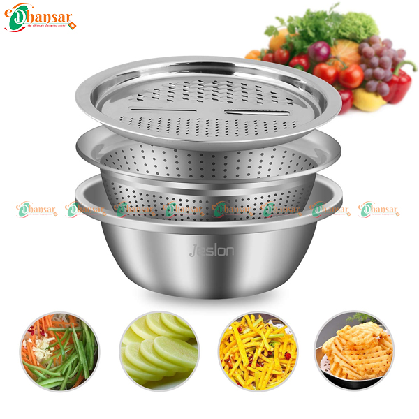 Stainless Steel Basin Vegetable Cutter with 3 Piece Washing Bowl 