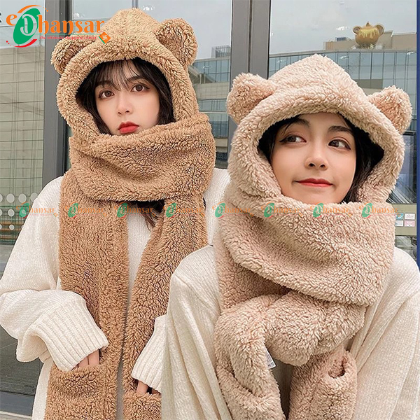 Winter Scarf Hats Gloves 3 In 1 Cute Plush Bear Hat