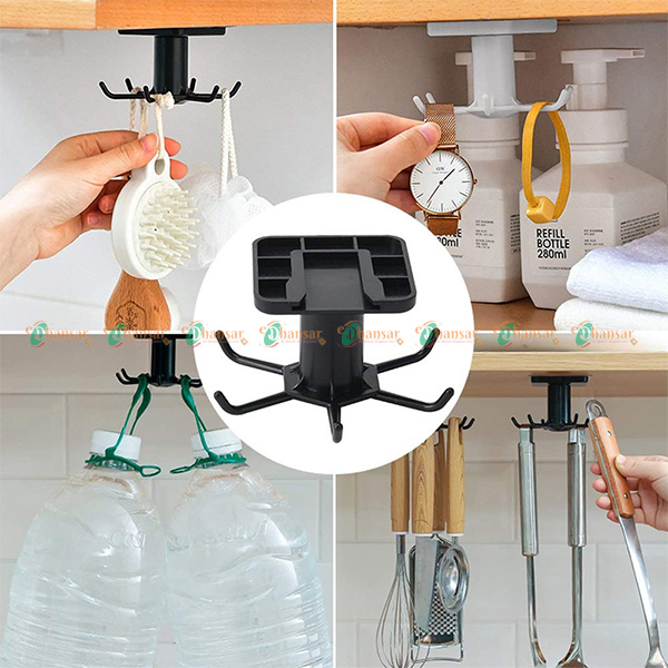 360 Rotating Wall Mounted Kitchen Hooks with 3 Hangers 