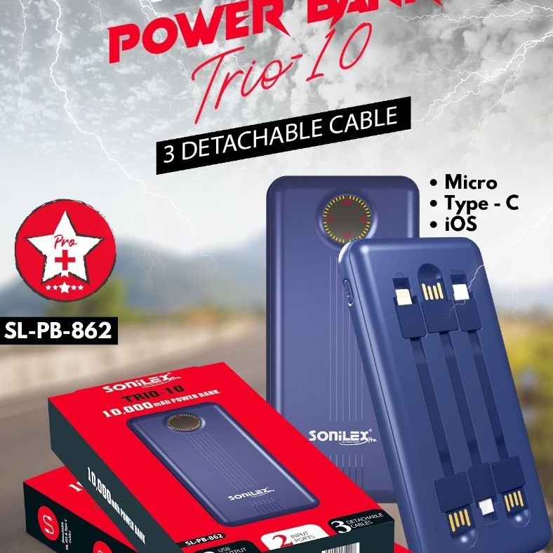 SONILEX Power Bank with 3 Detachable cables 